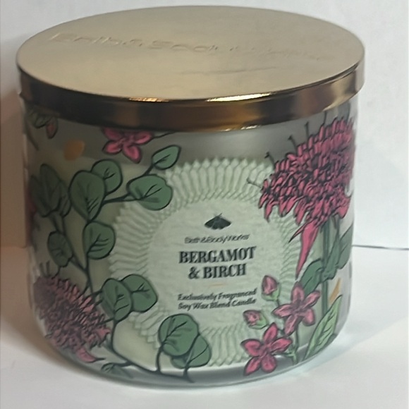 Bath & Body Works Bergamot & Birch Soy Candle with Pink and Green Floral Design - Picture 7 of 7